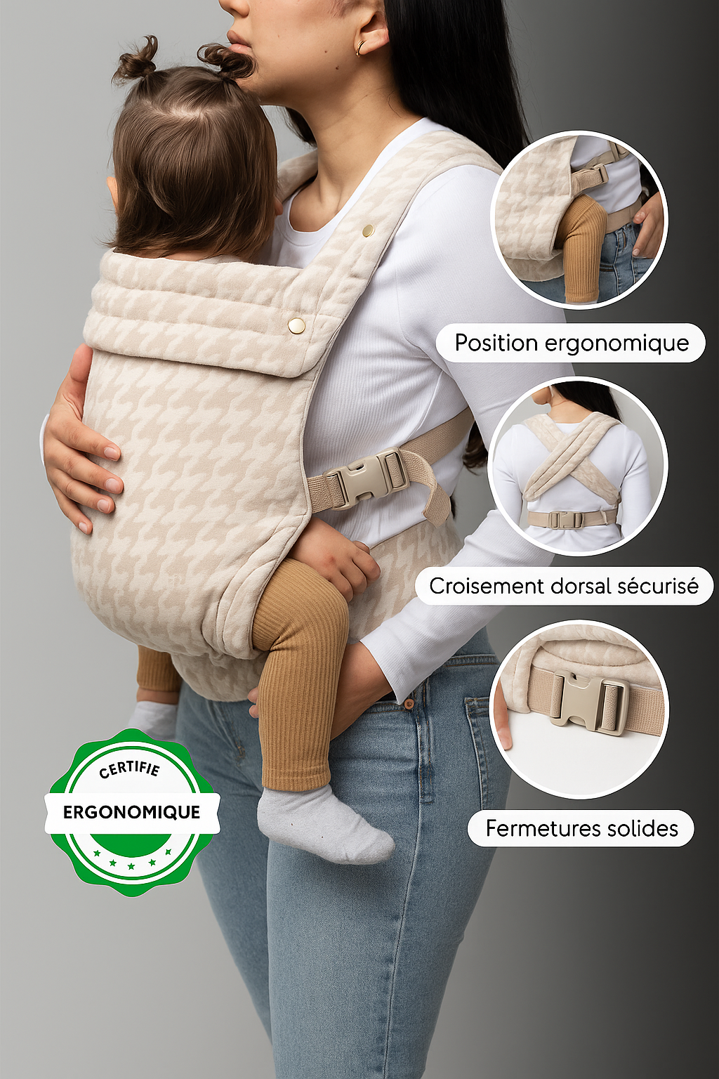 Porte-bébé Angel – Lin & Coton, Ajustable XS–XL, Ventral & Dorsal (7–16 kg)