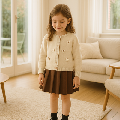 Ensemble Tricoté Papillon – Cardigan & Jupe Marron (2 à 6 ans)