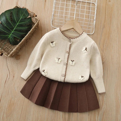 Ensemble Tricoté Papillon – Cardigan & Jupe Marron (2 à 6 ans)
