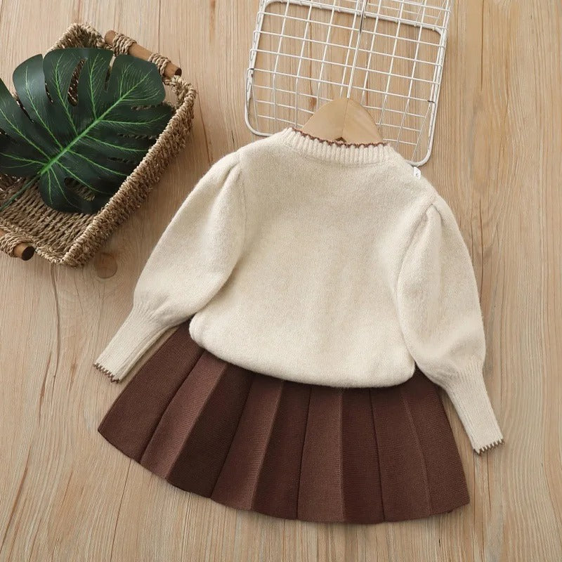 Ensemble Tricoté Papillon – Cardigan & Jupe Marron (2 à 6 ans)
