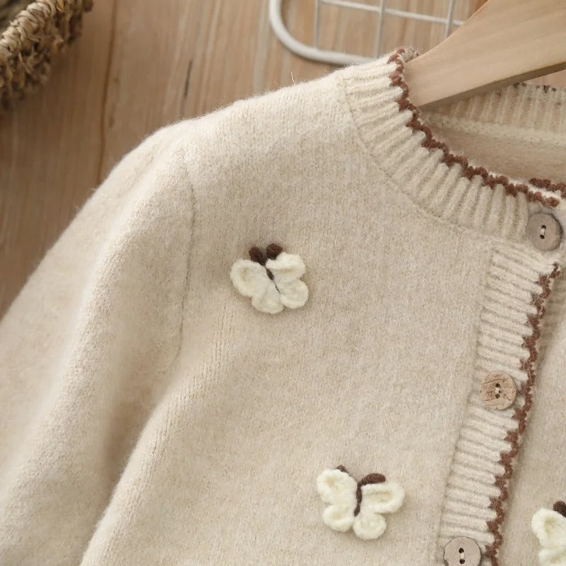 Ensemble Tricoté Papillon – Cardigan & Jupe Marron (2 à 6 ans)