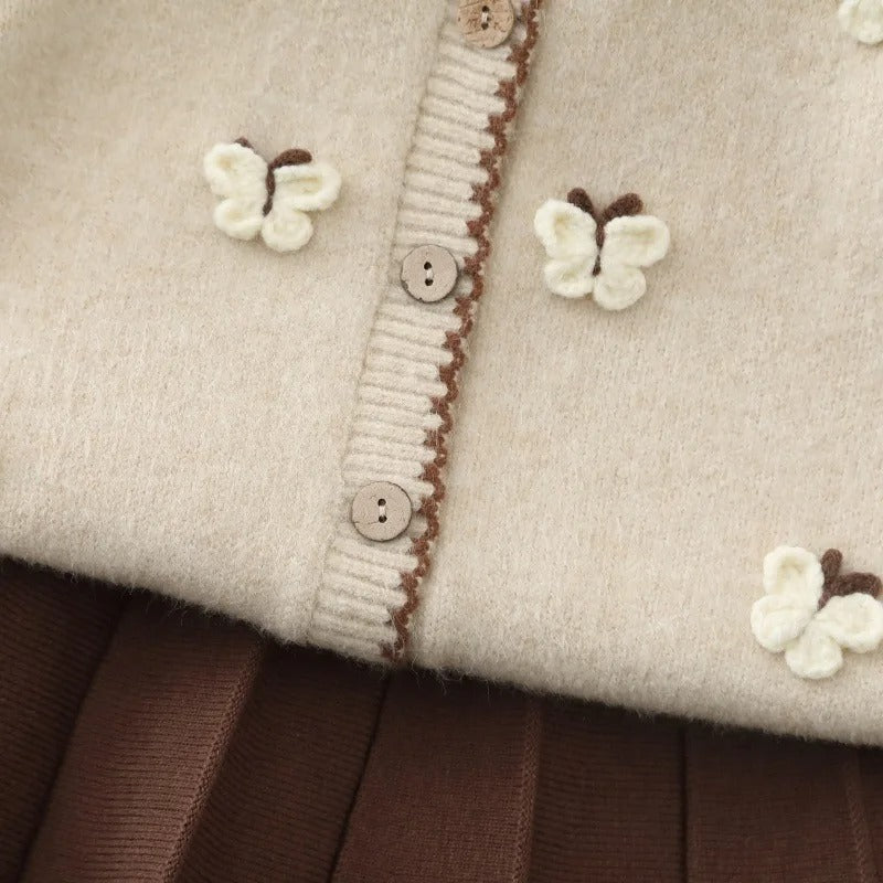 Ensemble Tricoté Papillon – Cardigan & Jupe Marron (2 à 6 ans)