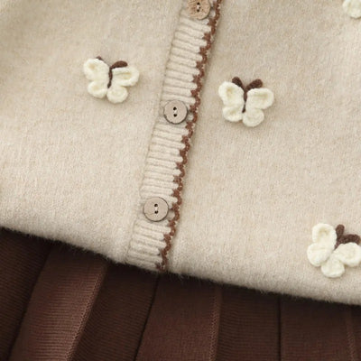 Ensemble Tricoté Papillon – Cardigan & Jupe Marron (2 à 6 ans)
